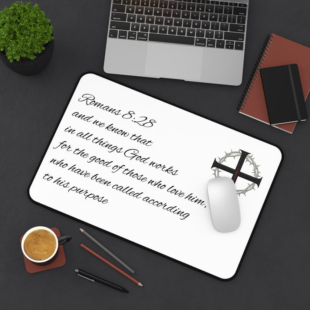 Desk Mat - Romans 8:28 Inspirational Christian Desk Mat with Cross & Crown of Thorns