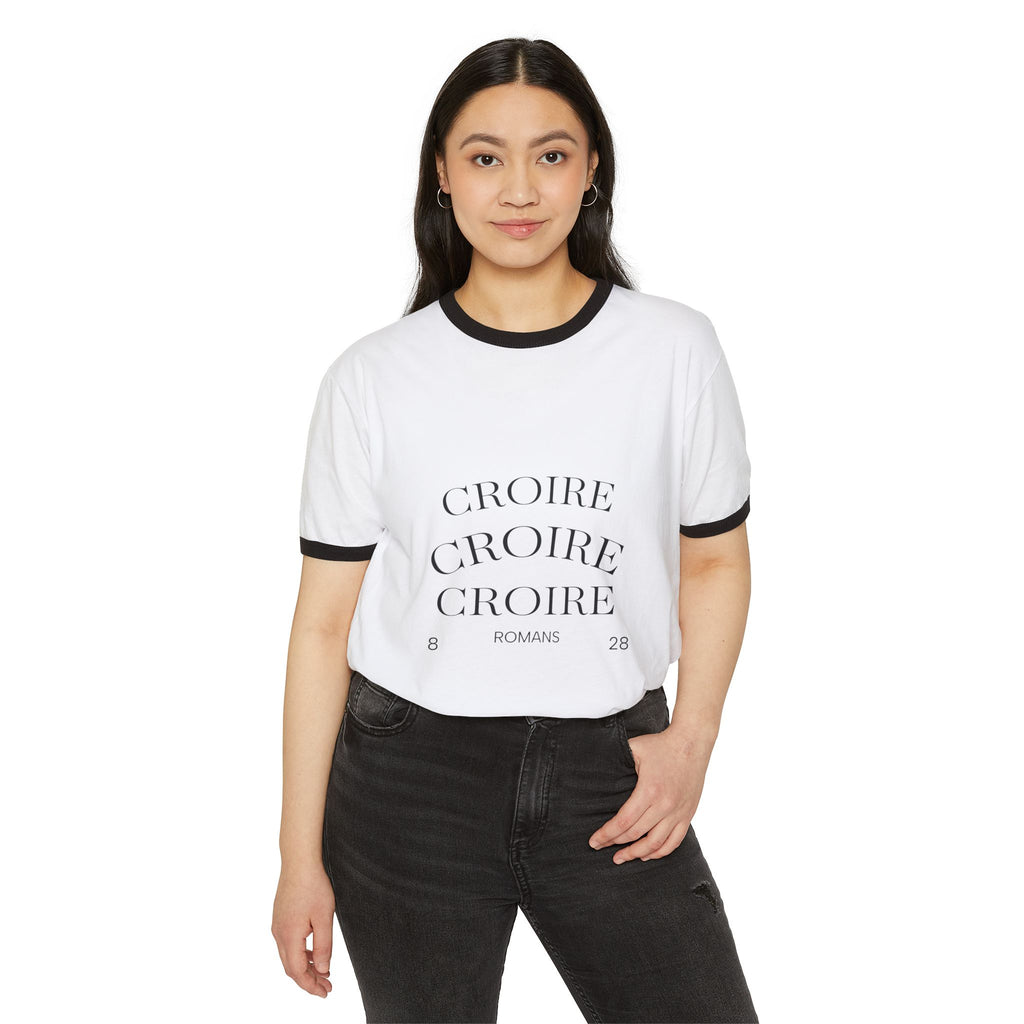 Croire Vintage Ringer Tee — "CROIRE" French Typography Graphic T-Shirt