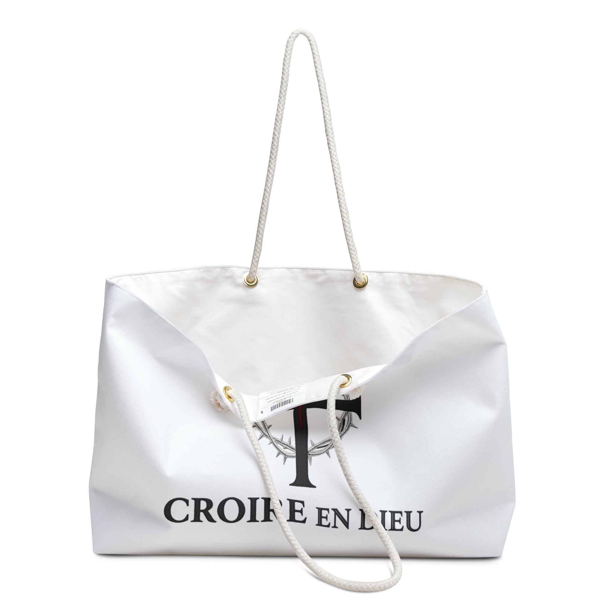 Weekender Bag — 'Croire en Dieu' Cross & Romans 8:28 Inspirational Travel Tote