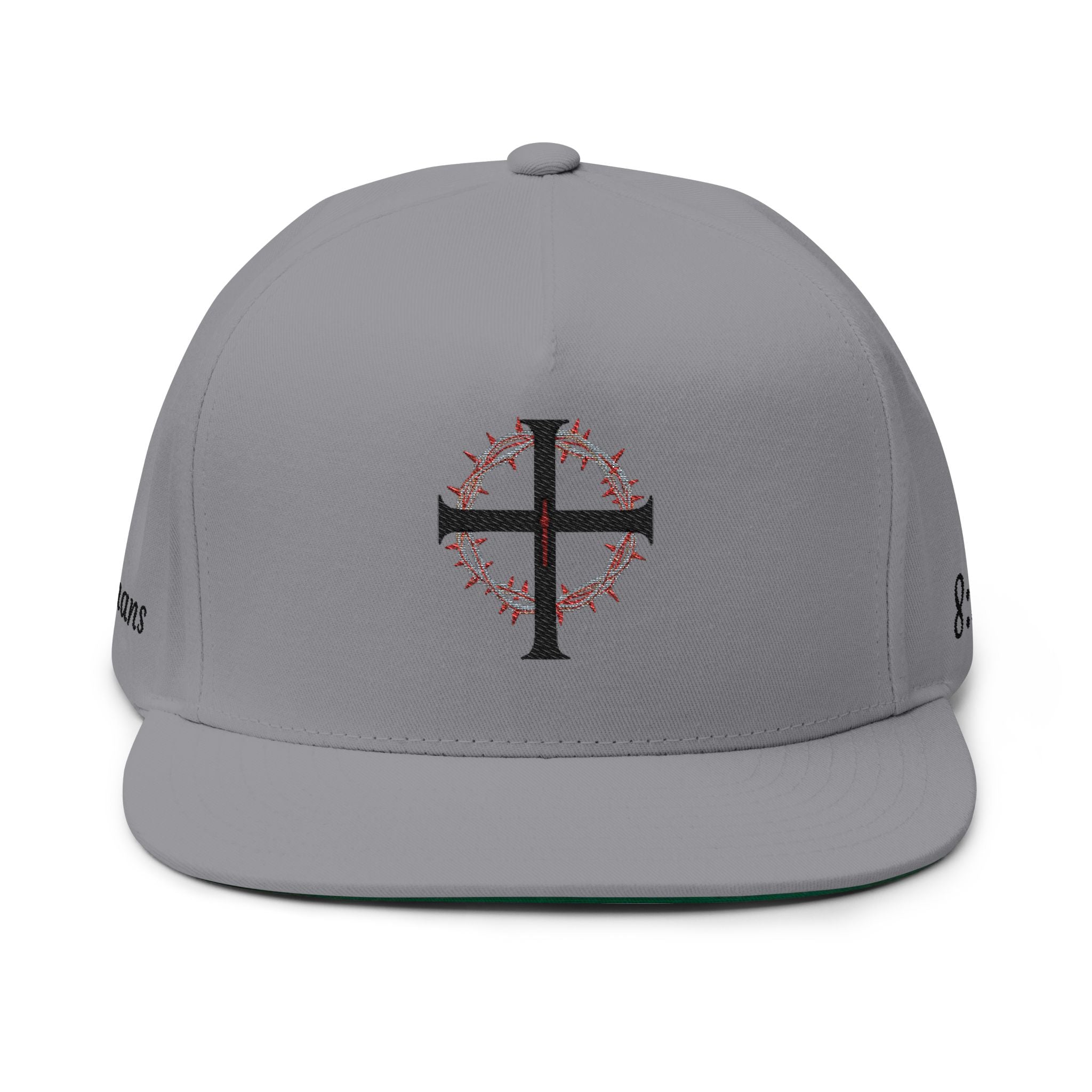 Embroidered Cross Crown Flat Bill Cap — "Croire" Snapback Hat
