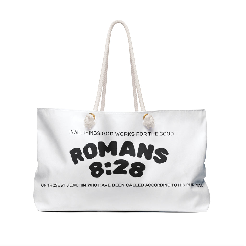 Weekender Bag — 'Croire en Dieu' Cross & Romans 8:28 Inspirational Travel Tote