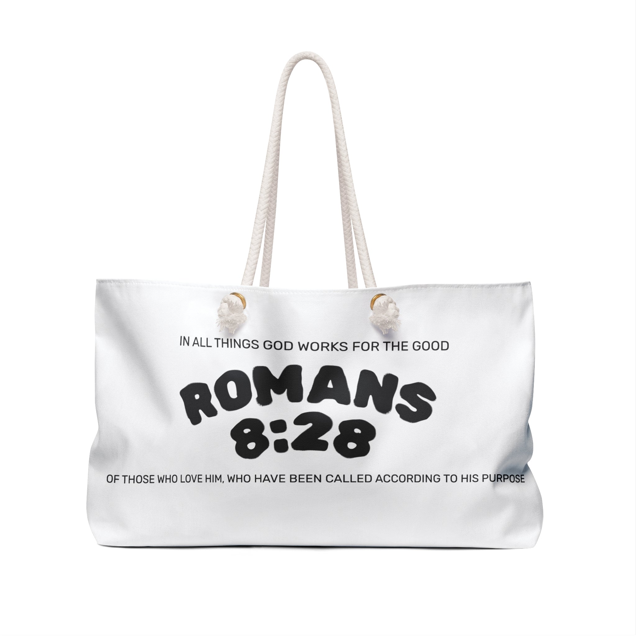Weekender Bag — 'Croire en Dieu' Cross & Romans 8:28 Inspirational Travel Tote