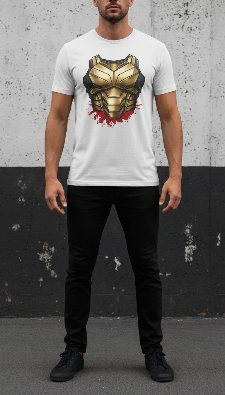 Urban White Tee with Gold Armor Motif