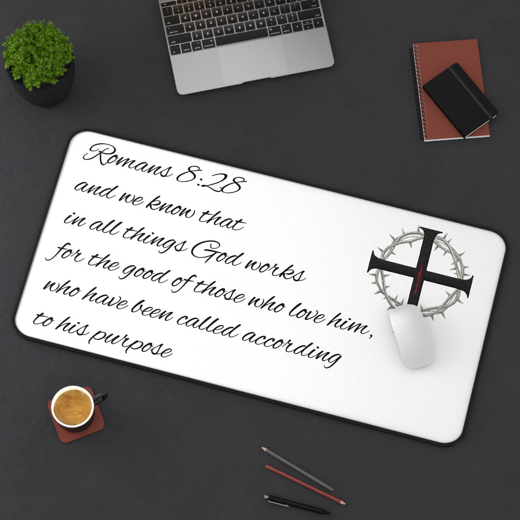 Desk Mat - Romans 8:28 Inspirational Christian Desk Mat with Cross & Crown of Thorns