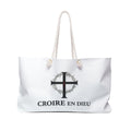 Weekender Bag — 'Croire en Dieu' Cross & Romans 8:28 Inspirational Travel Tote