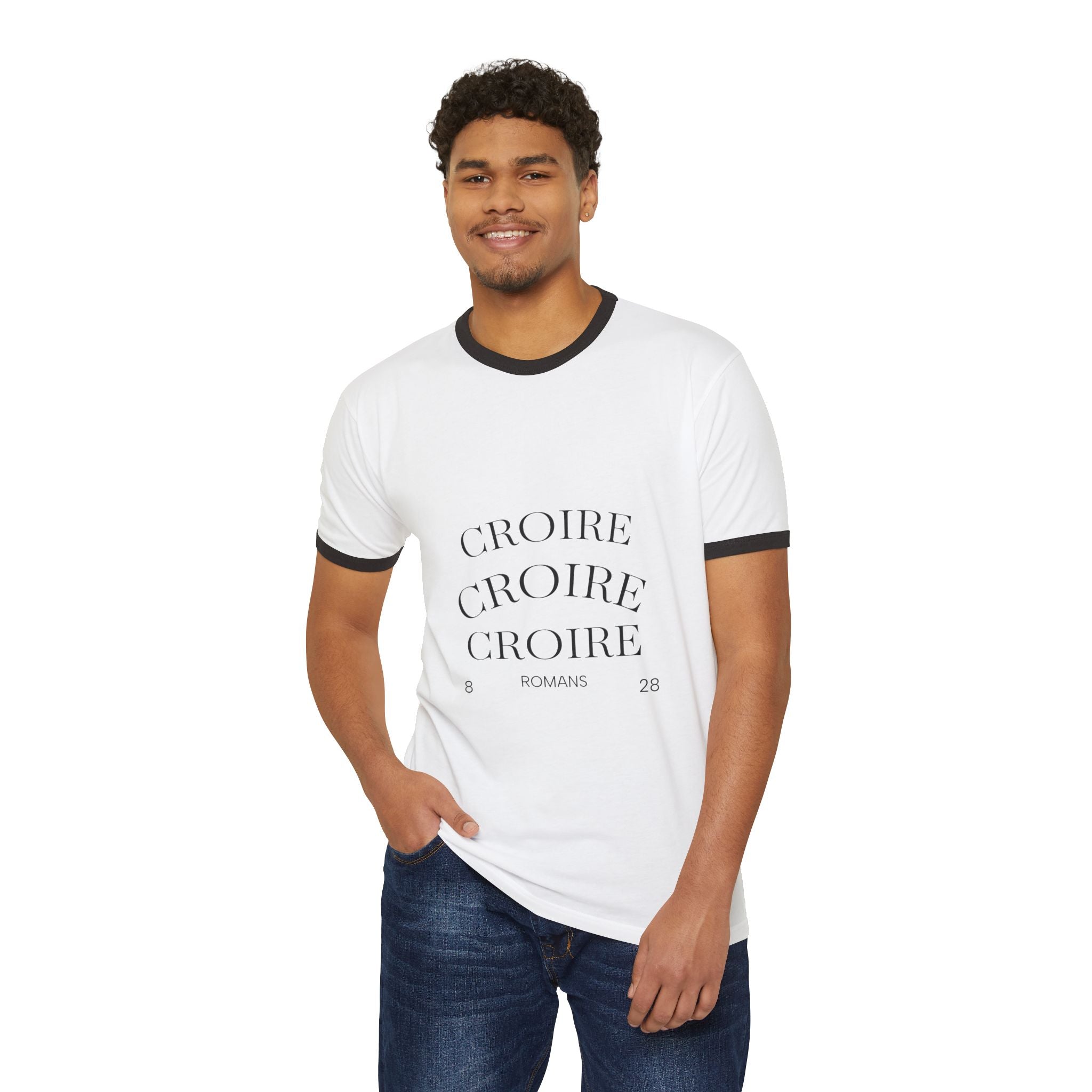 Croire Vintage Ringer Tee — "CROIRE" French Typography Graphic T-Shirt