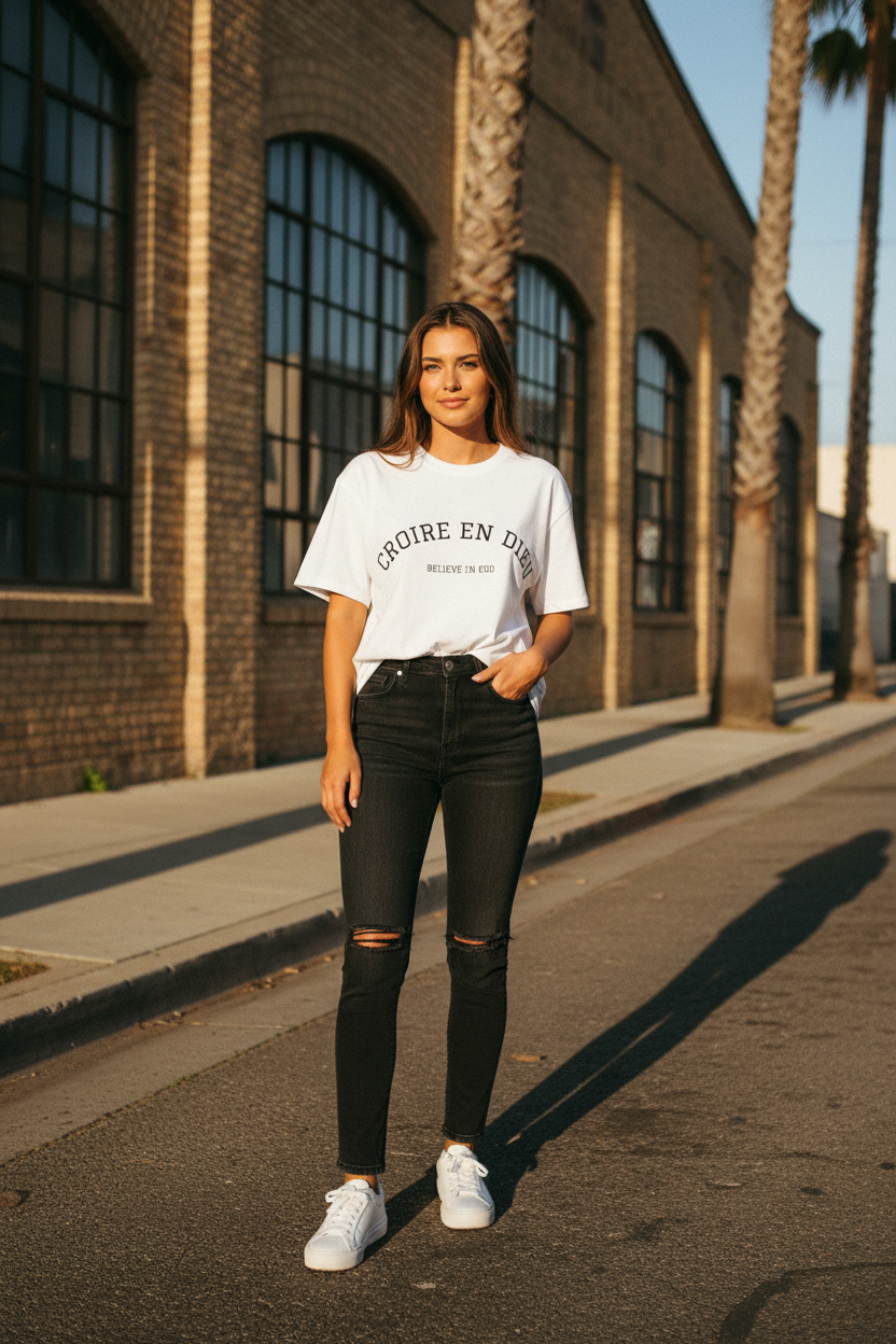 Believe in God T-Shirt — "Croire en Dieu" French Faith Tee with Three Crosses