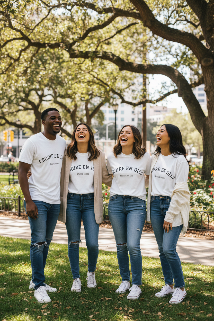 Believe in God T-Shirt — "Croire en Dieu" French Faith Tee with Three Crosses
