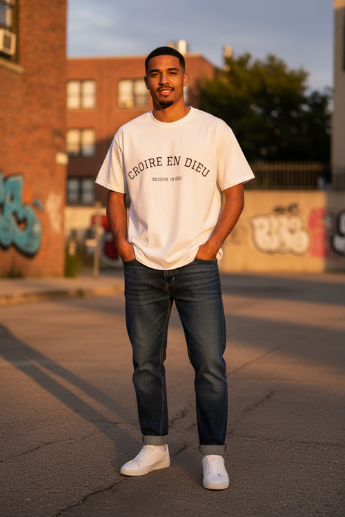 Believe in God T-Shirt — "Croire en Dieu" French Faith Tee with Three Crosses