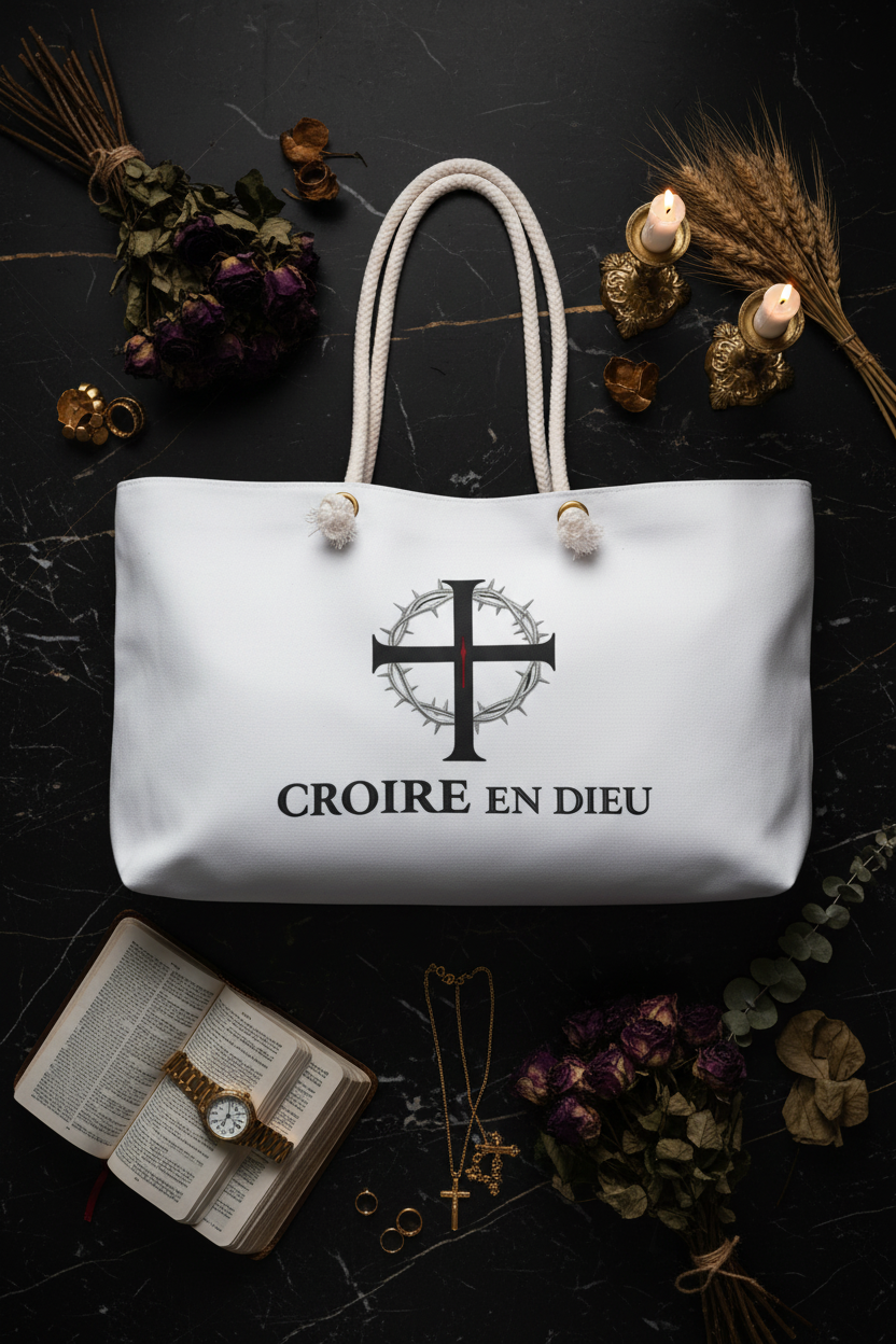 Croire En Dieu Weekender Bag styled with Bible and gold accents in moody dark setting