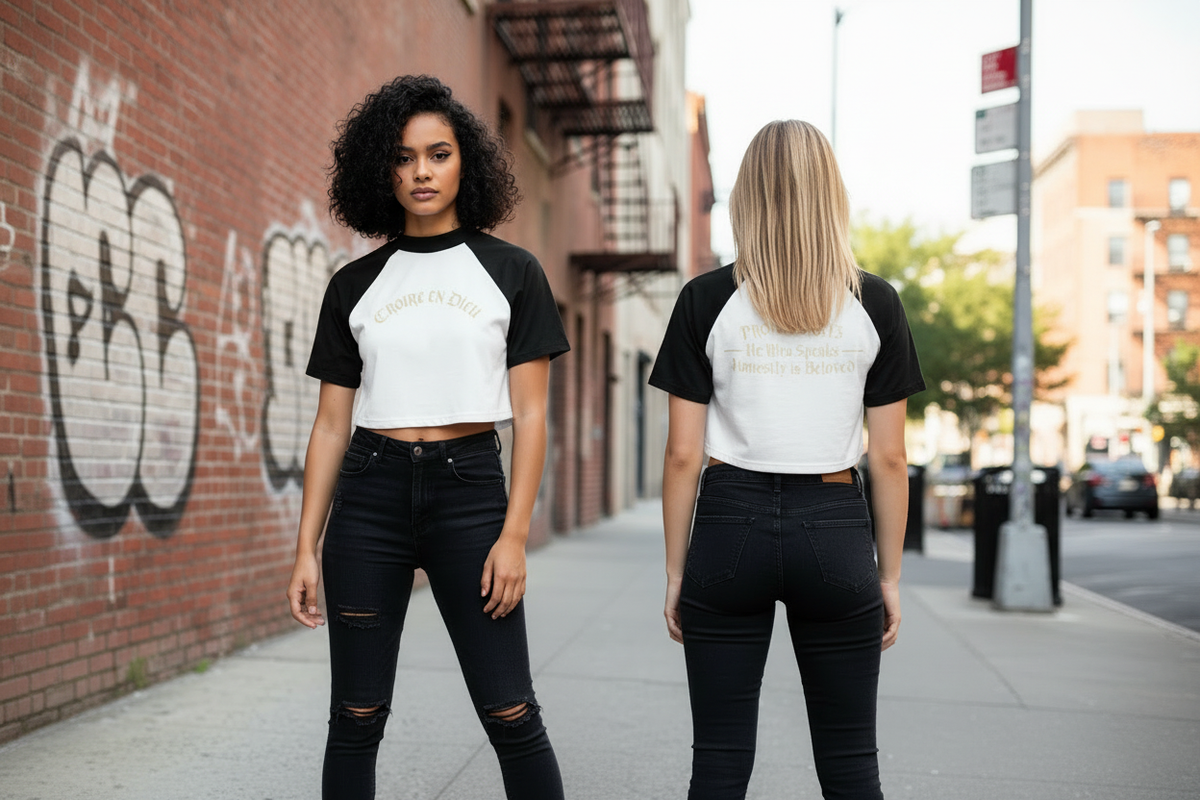 Croire en Dieu raglan crop top - two models front and back view urban street