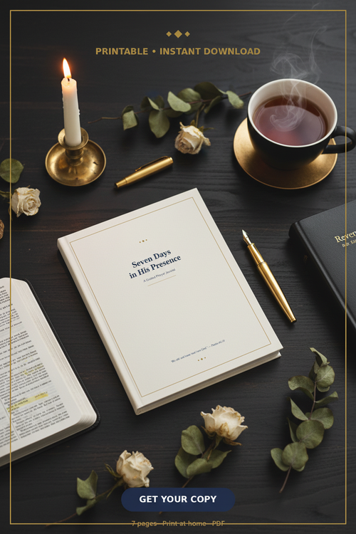 Seven Days in His Presence prayer journal styled with candle, Bible, and gold accents in moody dark setting