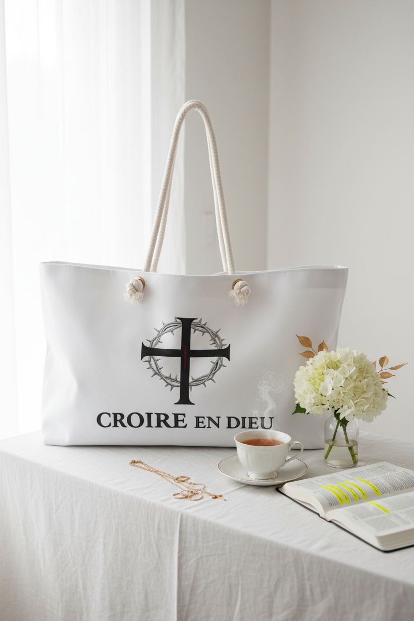Croire En Dieu Weekender Bag in bright morning devotional lifestyle setting