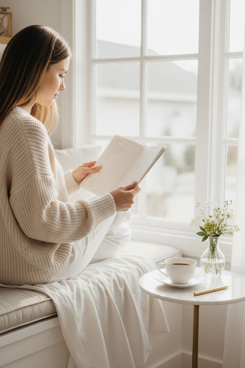 Woman reading Seven Days in His Presence prayer journal by a sunlit window in bright morning devotional setting