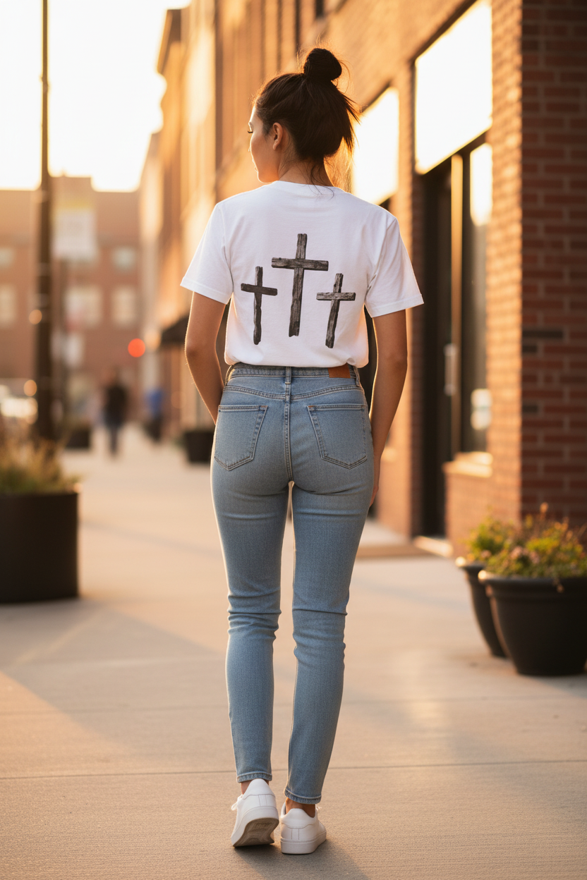 Believe in God T-Shirt — "Croire en Dieu" French Faith Tee with Three Crosses