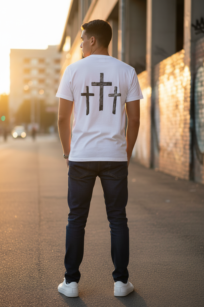 Believe in God T-Shirt — "Croire en Dieu" French Faith Tee with Three Crosses